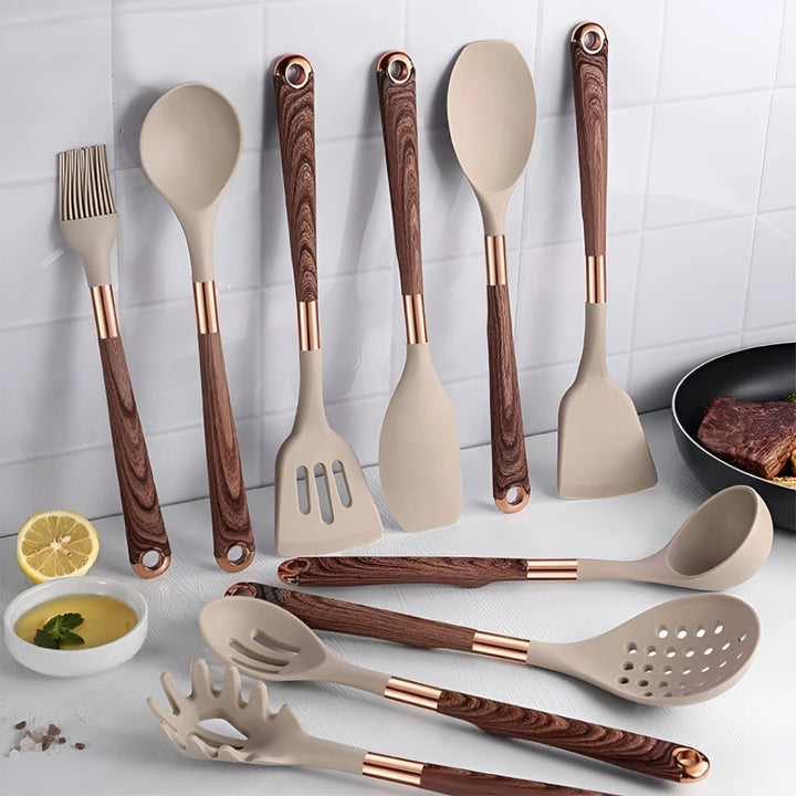 10-Piece Ergonomic Silicone Kitchen Utensil Set with Wooden Handles and Copper Accents