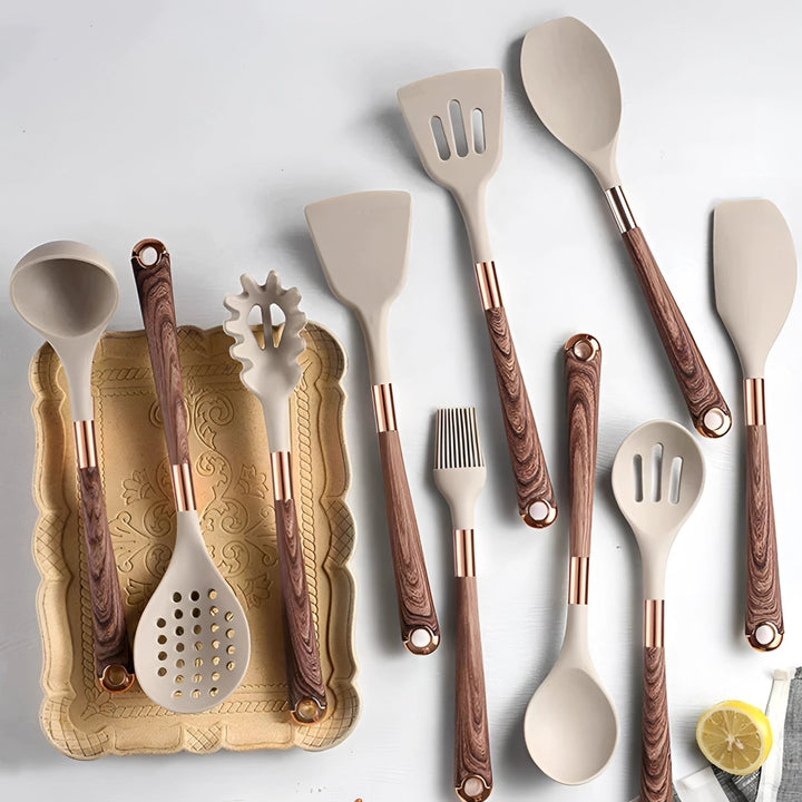 10-Piece Ergonomic Silicone Kitchen Utensil Set with Wooden Handles and Copper Accents