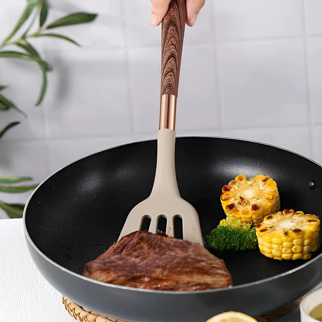 10-Piece Ergonomic Silicone Kitchen Utensil Set with Wooden Handles and Copper Accents