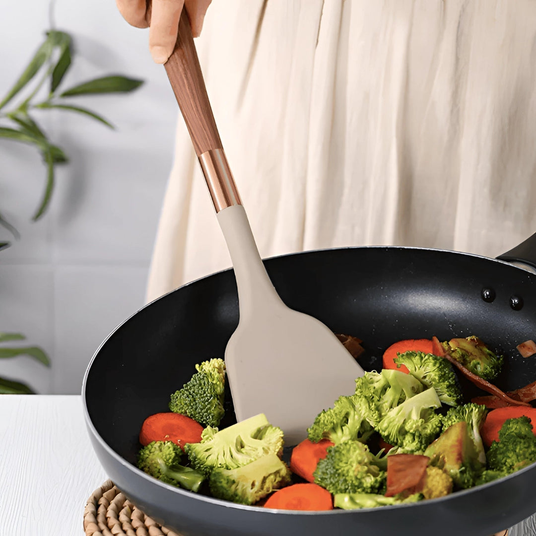10-Piece Ergonomic Silicone Kitchen Utensil Set with Wooden Handles and Copper Accents