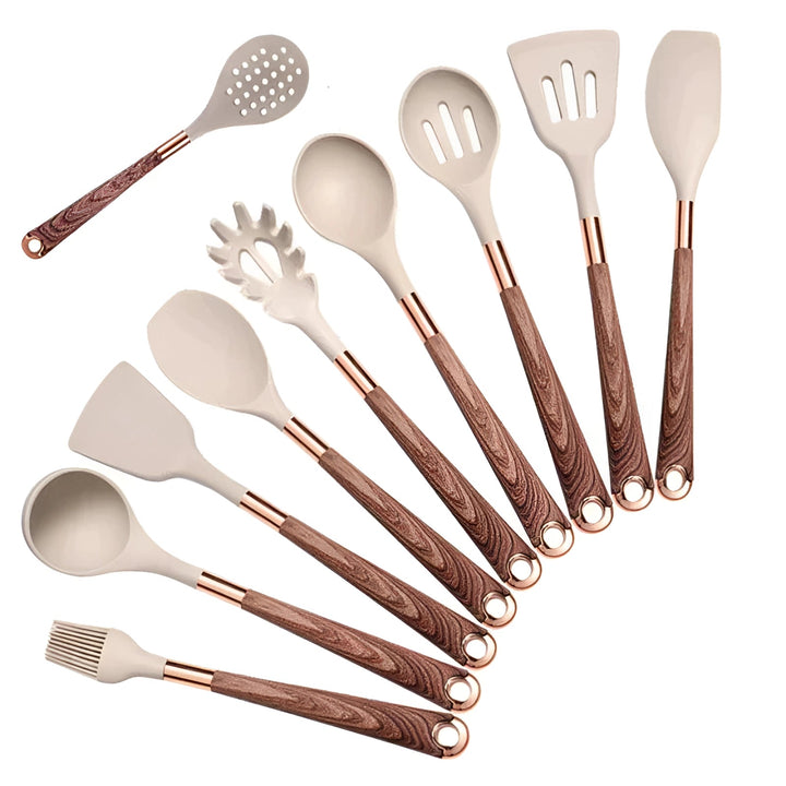 10-Piece Ergonomic Silicone Kitchen Utensil Set with Wooden Handles and Copper Accents