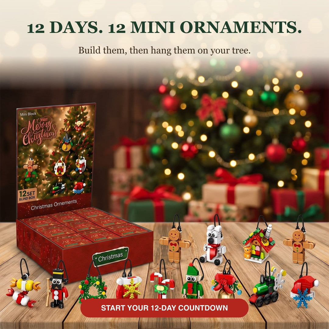 Mini Brick Ornament Countdown, 12 Days of Christmas Blind Boxes, Red or Pink