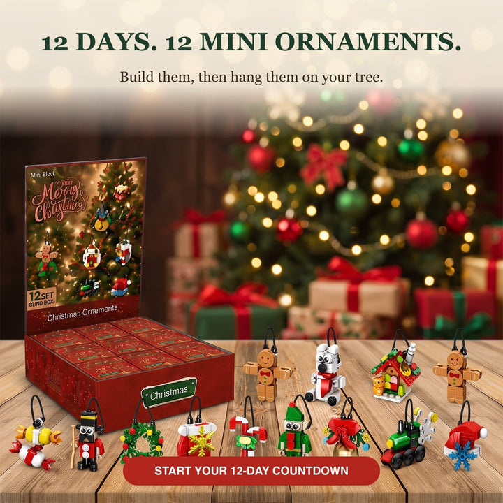 Mini Brick Ornament Countdown, 12 Days of Christmas Blind Boxes, Red or Pink