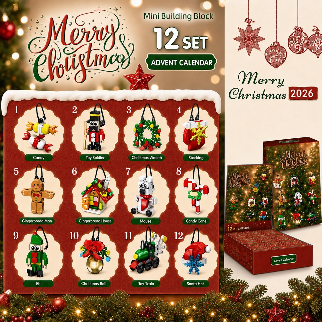 Mini Brick Ornament Countdown, 12 Days of Christmas Blind Boxes, Red or Pink