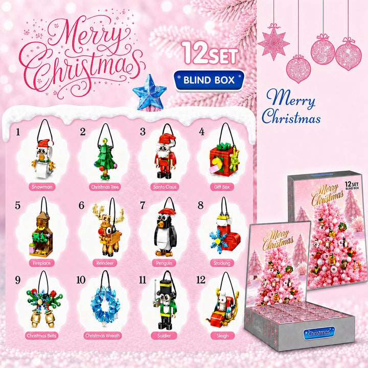 Mini Brick Ornament Countdown, 12 Days of Christmas Blind Boxes, Red or Pink