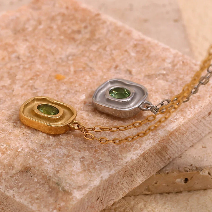 18K Gold-Plated Stainless Steel Paperclip Chain Green Zircon Necklace - Hypoallergenic &amp; Waterproof