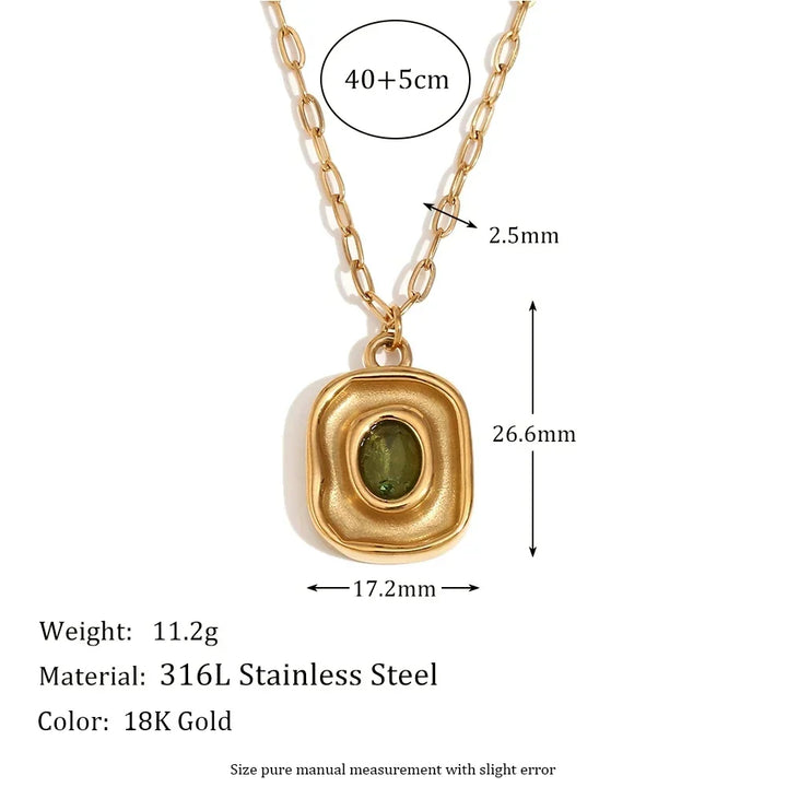 18K Gold-Plated Stainless Steel Paperclip Chain Green Zircon Necklace - Hypoallergenic &amp; Waterproof