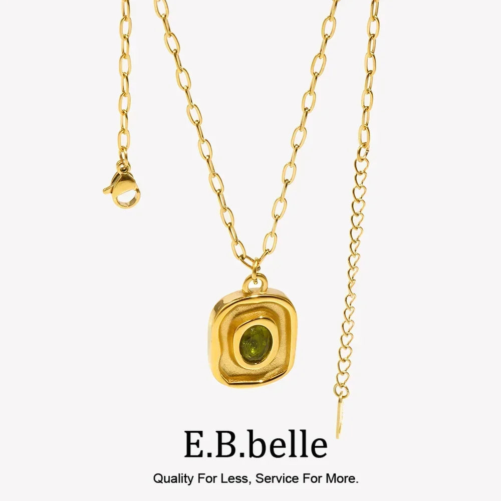 18K Gold-Plated Stainless Steel Paperclip Chain Green Zircon Necklace - Hypoallergenic &amp; Waterproof