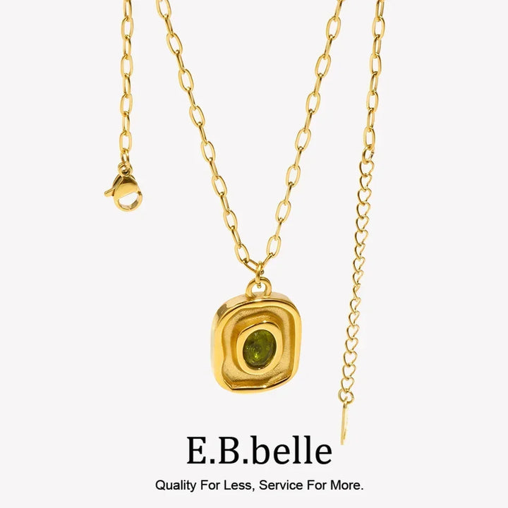 18K Gold-Plated Stainless Steel Paperclip Chain Green Zircon Necklace - Hypoallergenic &amp; Waterproof