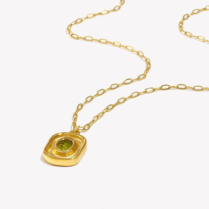18K Gold-Plated Stainless Steel Paperclip Chain Green Zircon Necklace - Hypoallergenic &amp; Waterproof