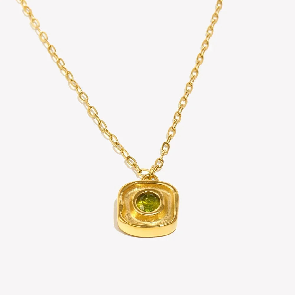 18K Gold-Plated Stainless Steel Paperclip Chain Green Zircon Necklace - Hypoallergenic &amp; Waterproof
