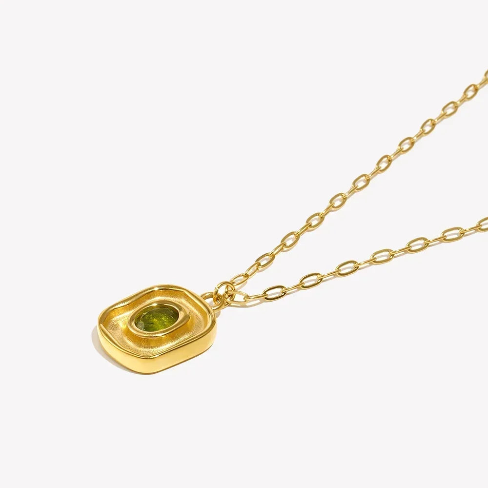 18K Gold-Plated Stainless Steel Paperclip Chain Green Zircon Necklace - Hypoallergenic &amp; Waterproof