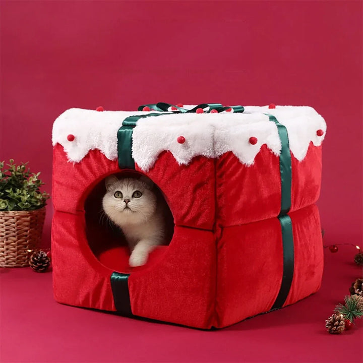 2-in-1 Christmas Pet Cave Bed with Non-Slip Base