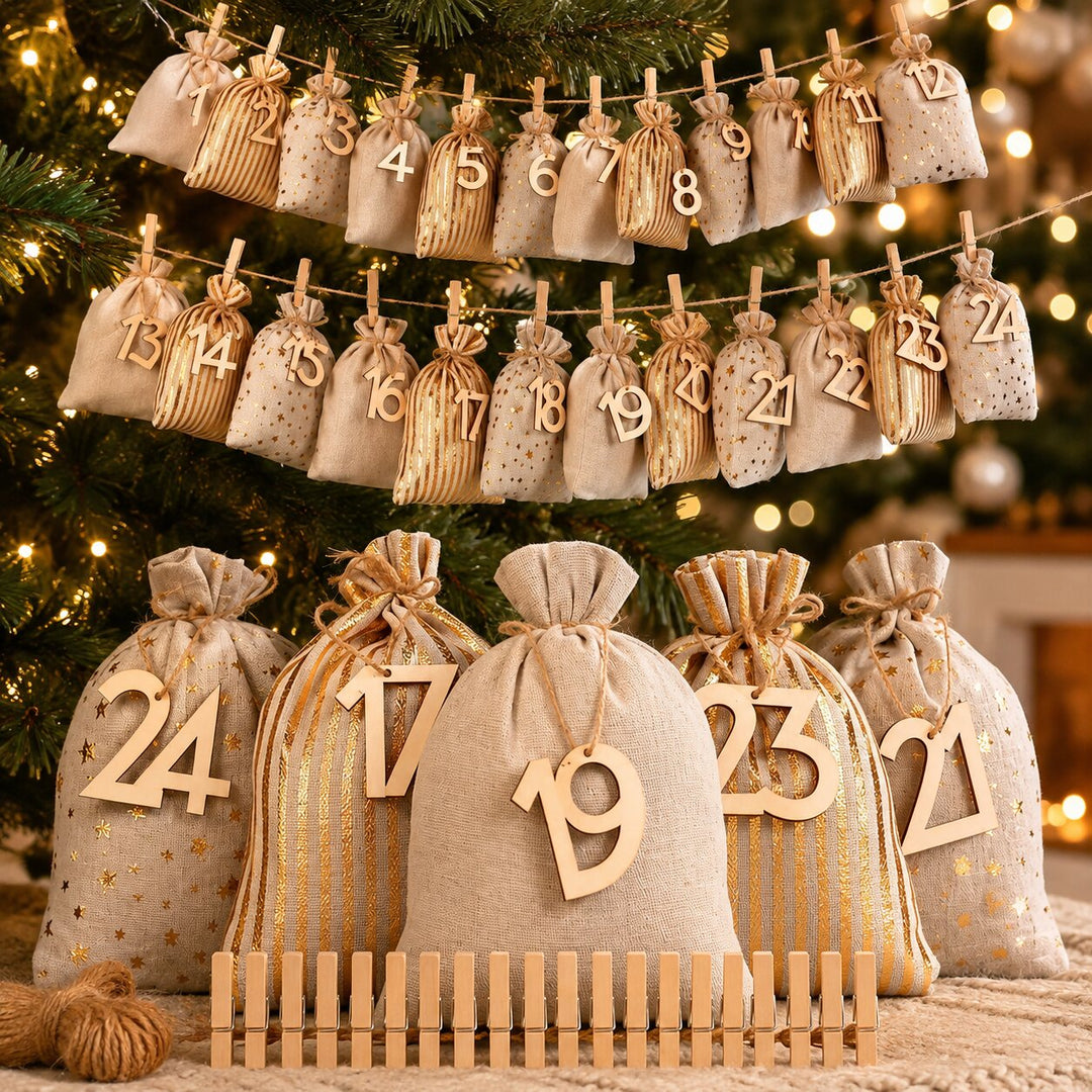 2026 Advent Calendar Bags — 24 Numbered Fillable Gift Bags