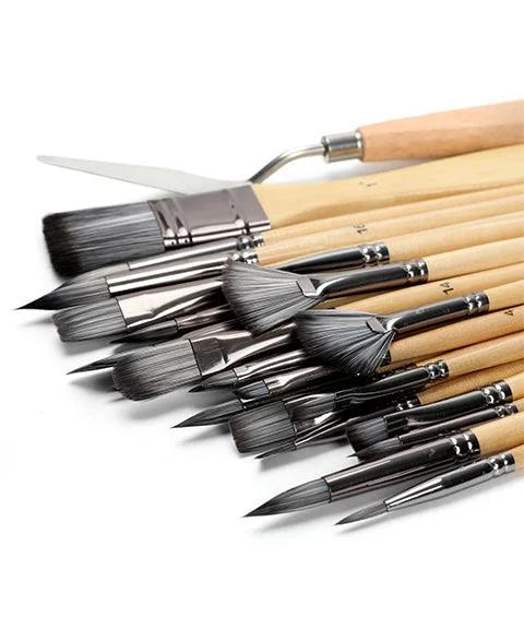 24-Piece Paintbrush Set with Wooden Handles, Palette Knife, and Roll-Up Case