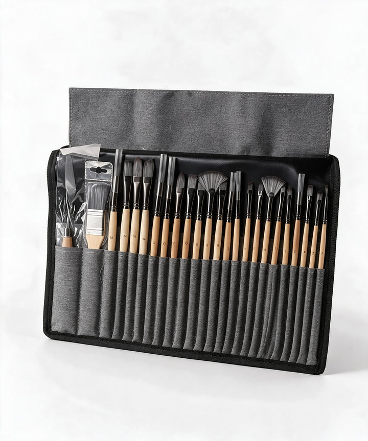 24-Piece Paintbrush Set with Wooden Handles, Palette Knife, and Roll-Up Case