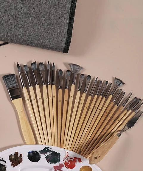 24-Piece Paintbrush Set with Wooden Handles, Palette Knife, and Roll-Up Case