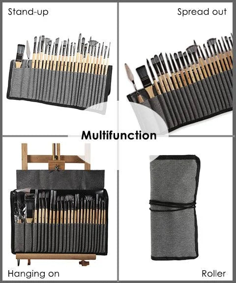 24-Piece Paintbrush Set with Wooden Handles, Palette Knife, and Roll-Up Case