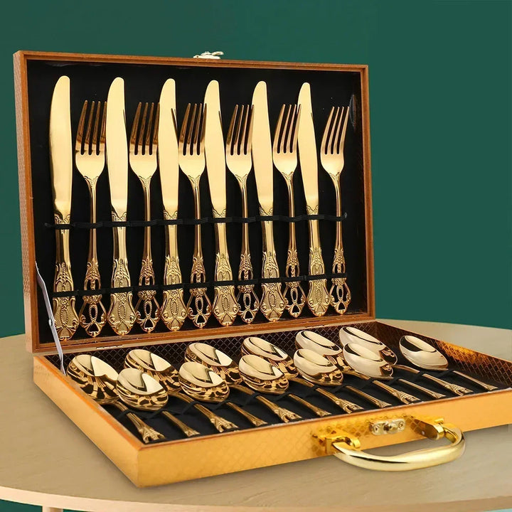 24-Piece Stainless Steel Cutlery Set with Elegant Engraving