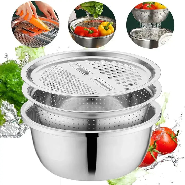 3-in-1 Mixing Bowl Set with Integrated Grater and Strainer - Space-Saving and Stackable