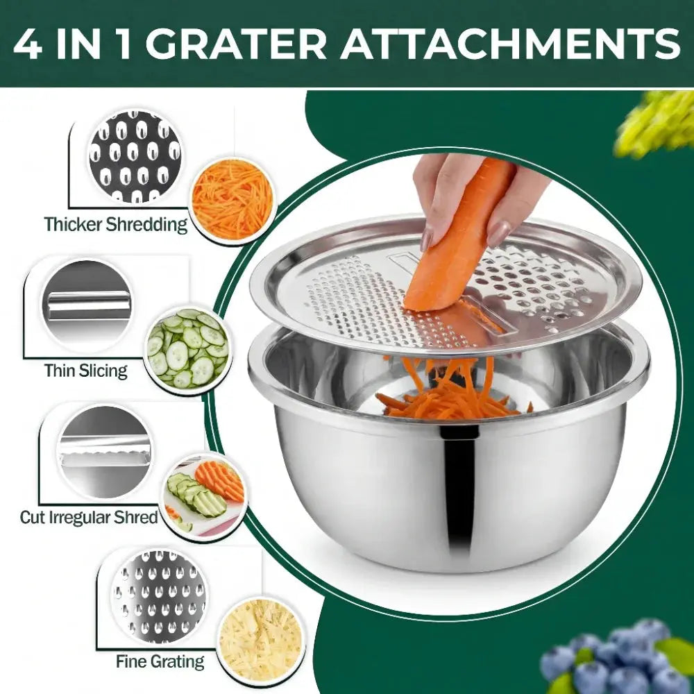 3-in-1 Mixing Bowl Set with Integrated Grater and Strainer - Space-Saving and Stackable