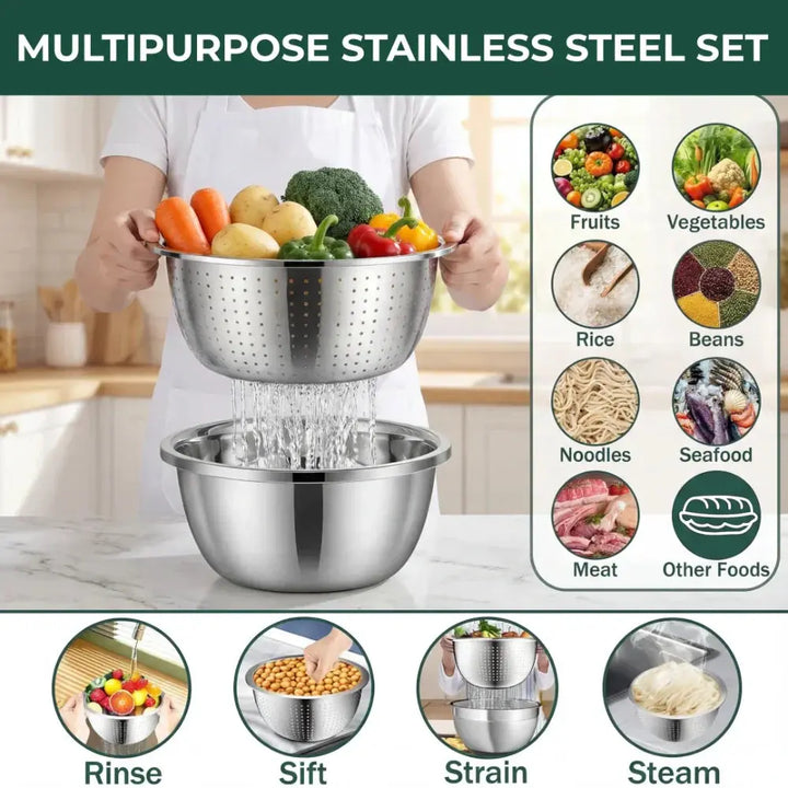 3-in-1 Mixing Bowl Set with Integrated Grater and Strainer - Space-Saving and Stackable