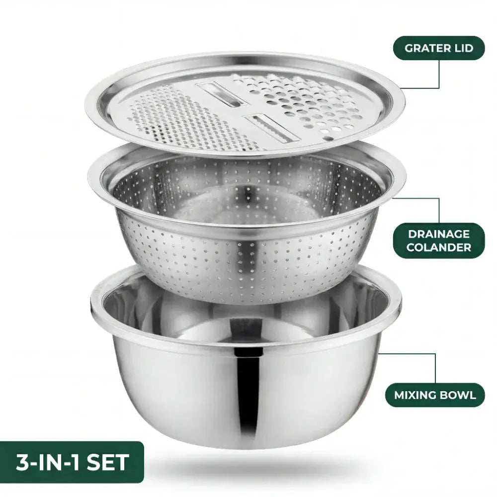 3-in-1 Mixing Bowl Set with Integrated Grater and Strainer - Space-Saving and Stackable
