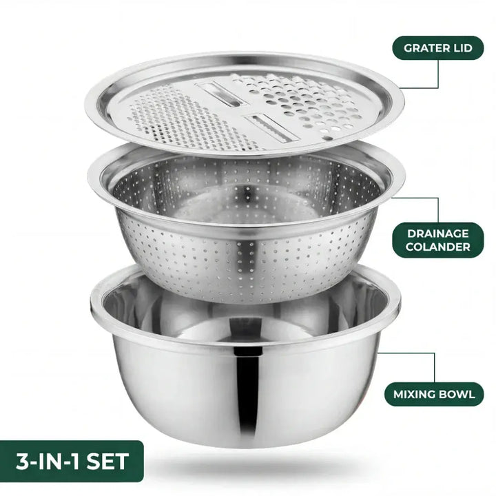 3-in-1 Mixing Bowl Set with Integrated Grater and Strainer - Space-Saving and Stackable