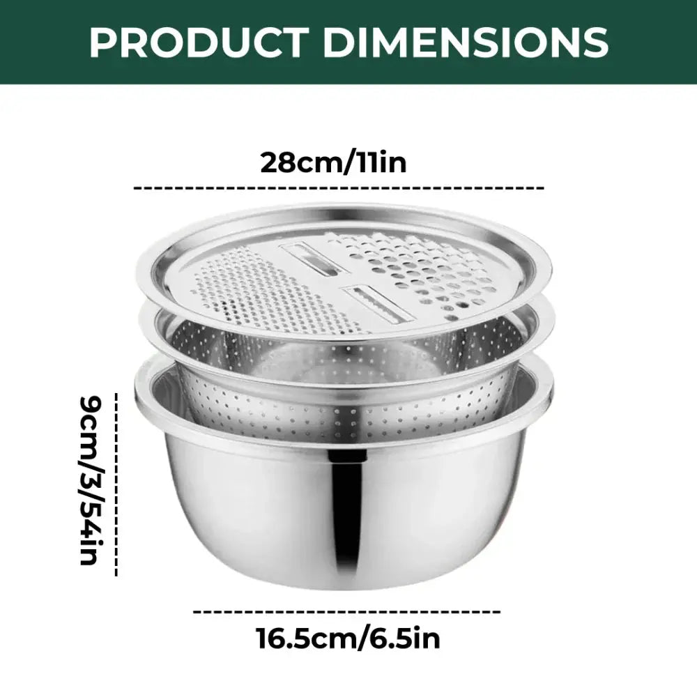 3-in-1 Mixing Bowl Set with Integrated Grater and Strainer - Space-Saving and Stackable