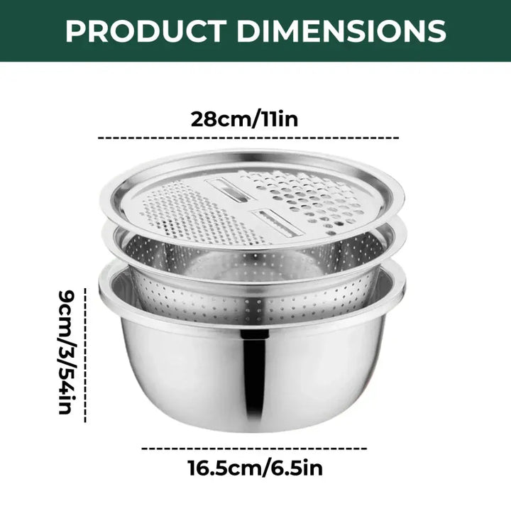 3-in-1 Mixing Bowl Set with Integrated Grater and Strainer - Space-Saving and Stackable