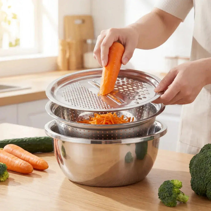3-in-1 Mixing Bowl Set with Integrated Grater and Strainer - Space-Saving and Stackable