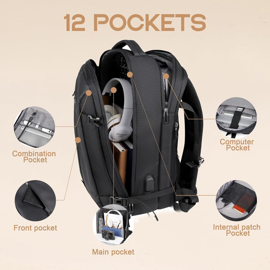 40L Expandable Waterproof Travel Backpack with USB Port &amp; 17” (43.18 cm) Laptop Sleeve – AirVoyage