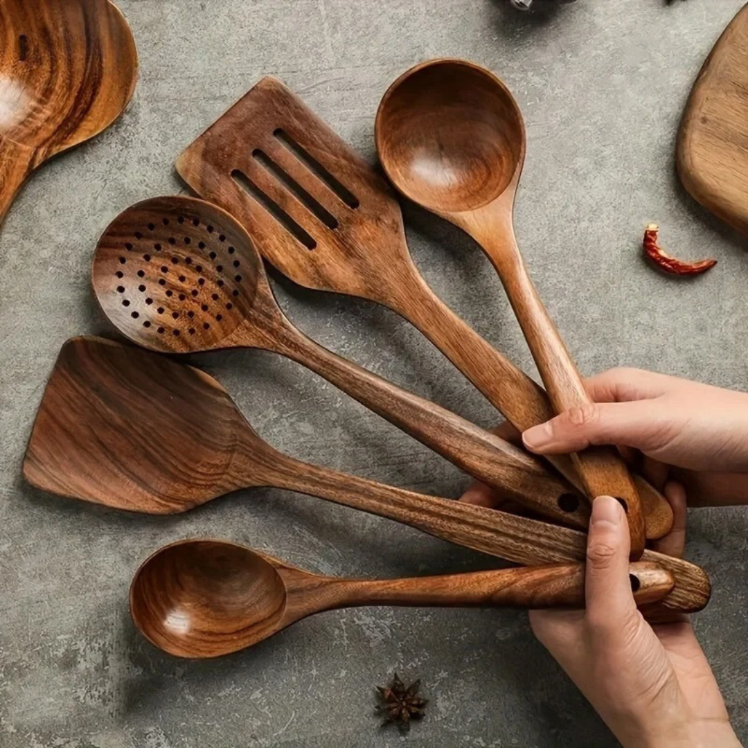5-Piece Walnut Kitchen Utensil Set – Rustic Style