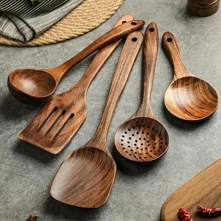 5-Piece Walnut Kitchen Utensil Set – Rustic Style