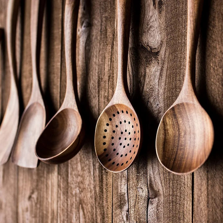 5-Piece Walnut Kitchen Utensil Set – Rustic Style