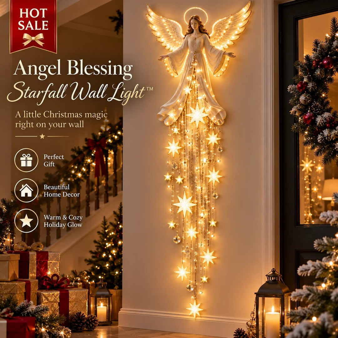 Angel Christmas Wall Light with Halo and Cascading Stars, Warm White