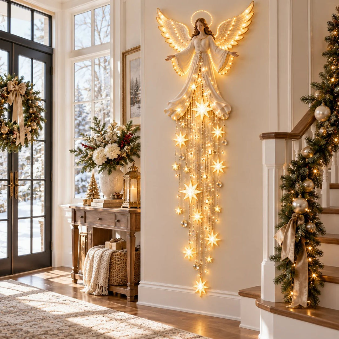 Angel Christmas Wall Light with Halo and Cascading Stars, Warm White