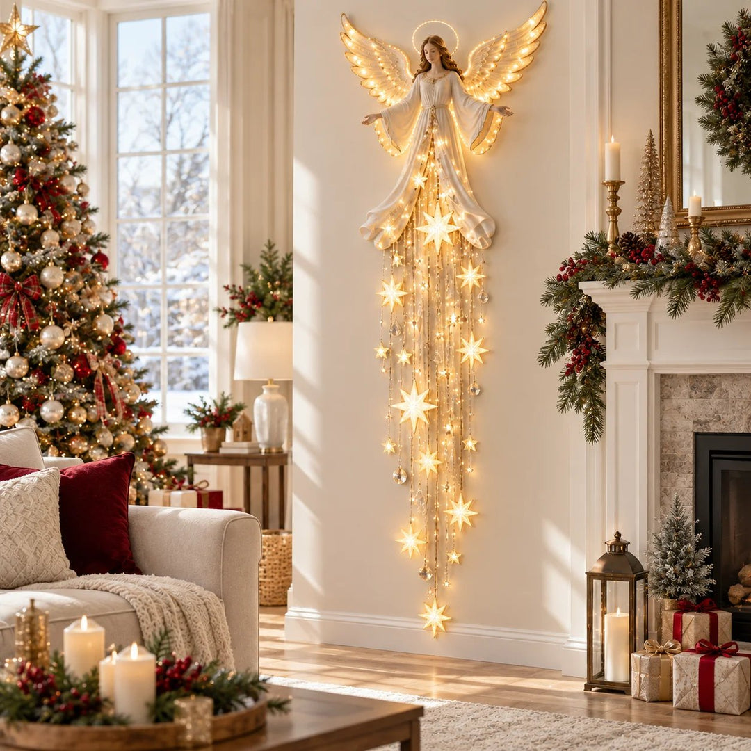 Angel Christmas Wall Light with Halo and Cascading Stars, Warm White