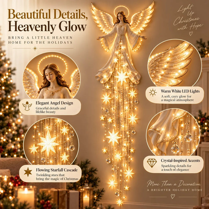 Angel Christmas Wall Light with Halo and Cascading Stars, Warm White