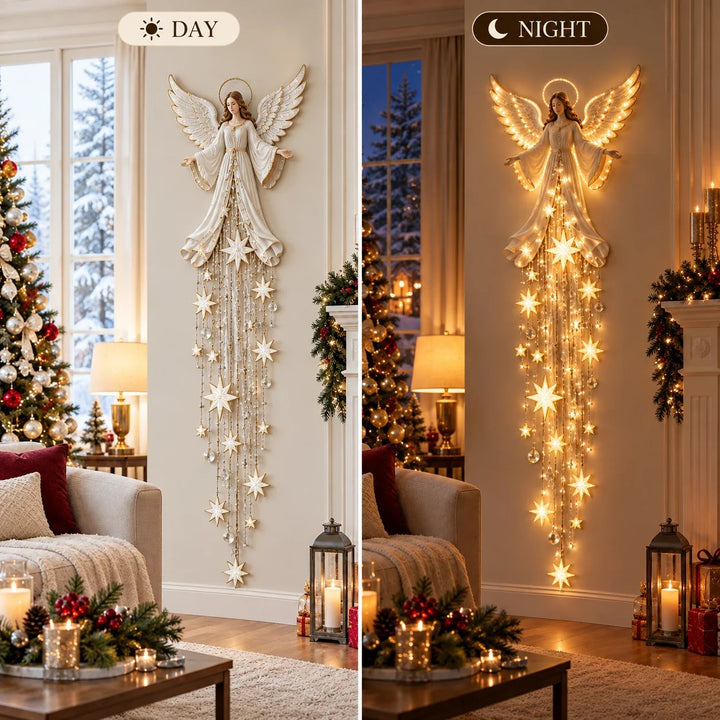 Angel Christmas Wall Light with Halo and Cascading Stars, Warm White