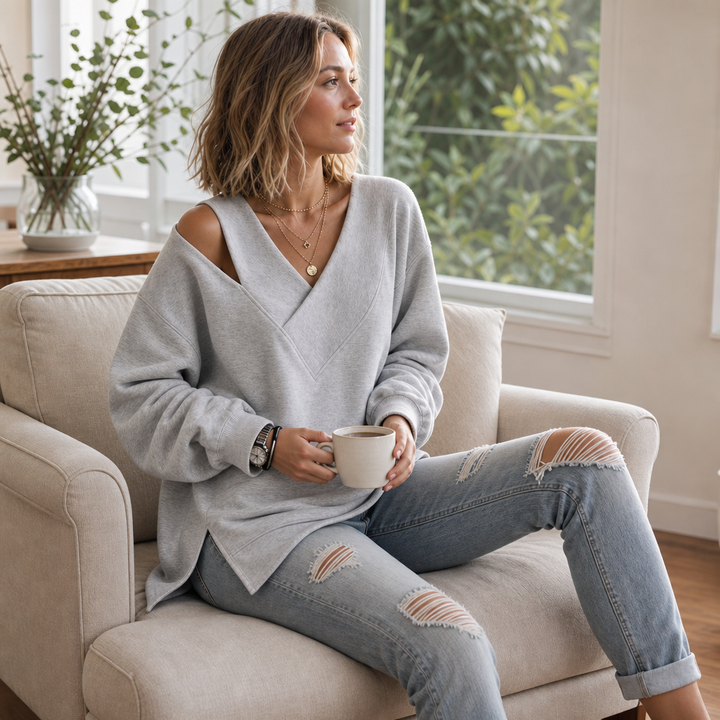 Asymmetric Cutout Shoulder Oversized Sweatshirt
