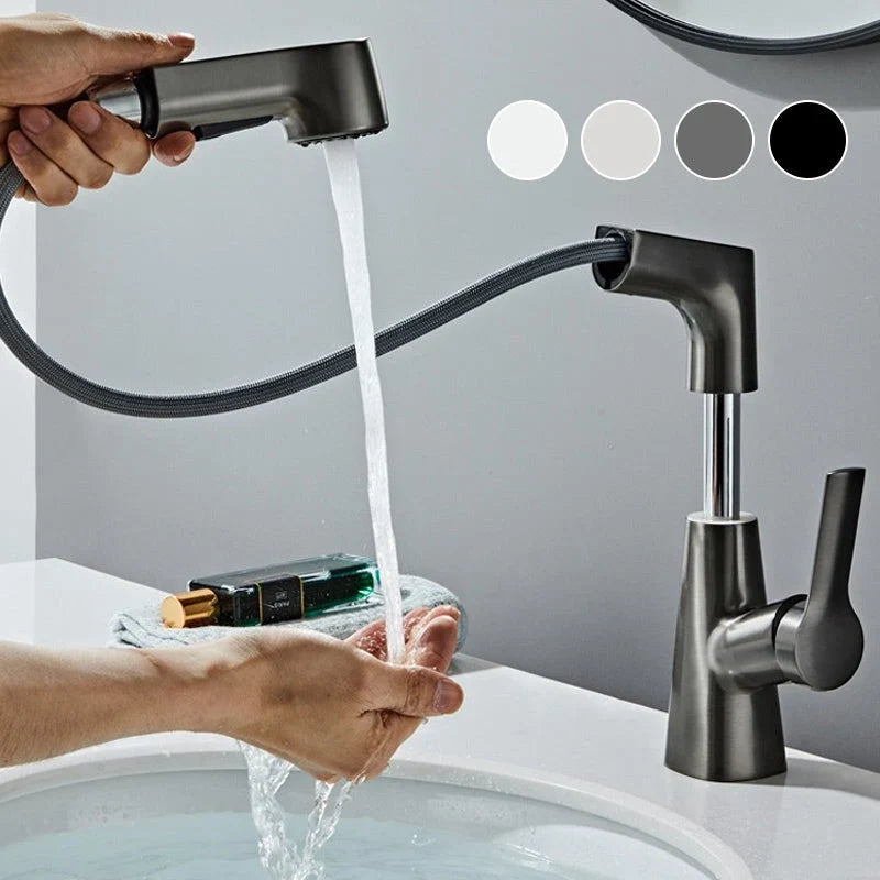 Bathroom Basin Mixer Tap with 360° Swivel Spout and Pull-Out Spray Head – Ceramic, Functional Design