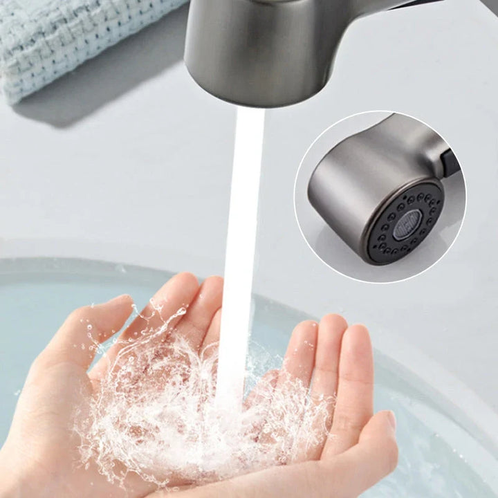 Bathroom Basin Mixer Tap with 360° Swivel Spout and Pull-Out Spray Head – Ceramic, Functional Design