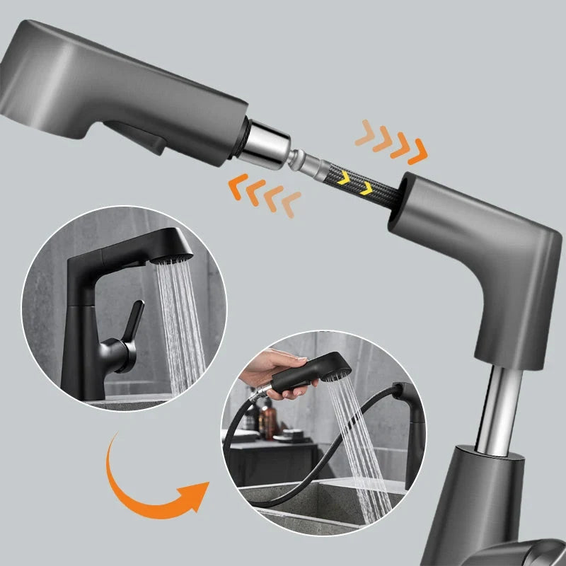 Bathroom Basin Mixer Tap with 360° Swivel Spout and Pull-Out Spray Head – Ceramic, Functional Design