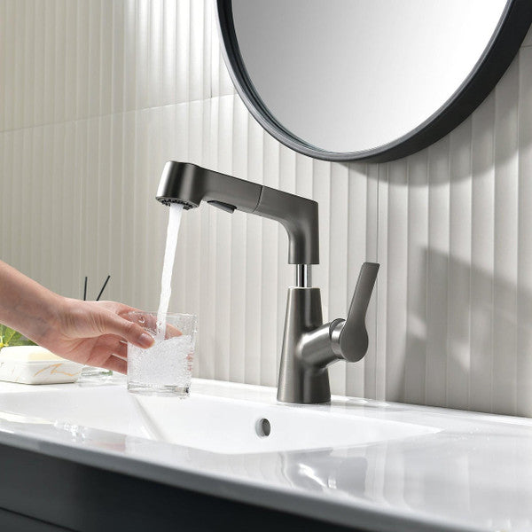 Bathroom Faucet with Swivel Pull-Out Sprayer – Gunmetal Grey