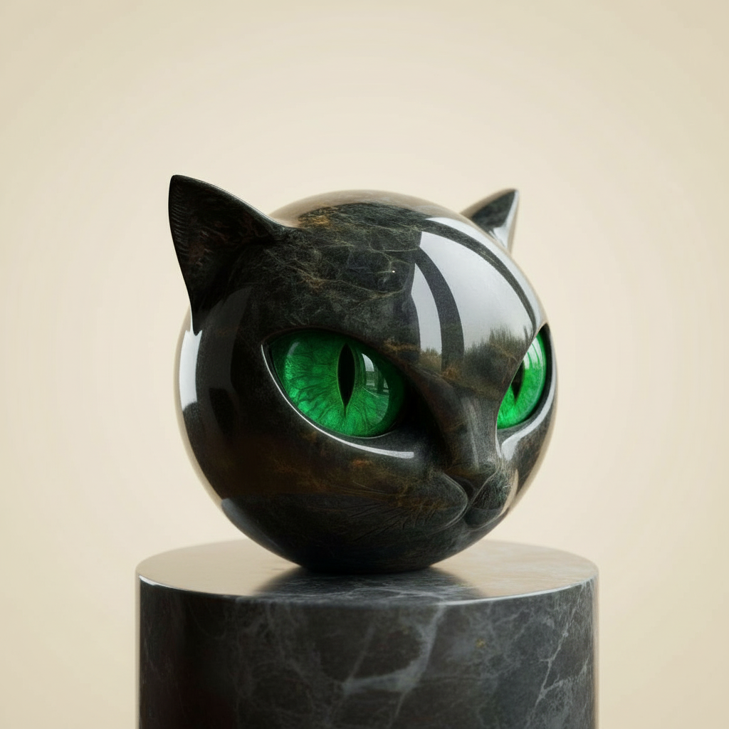 Black Cat Head Sculpture with Hypnotic Eyes