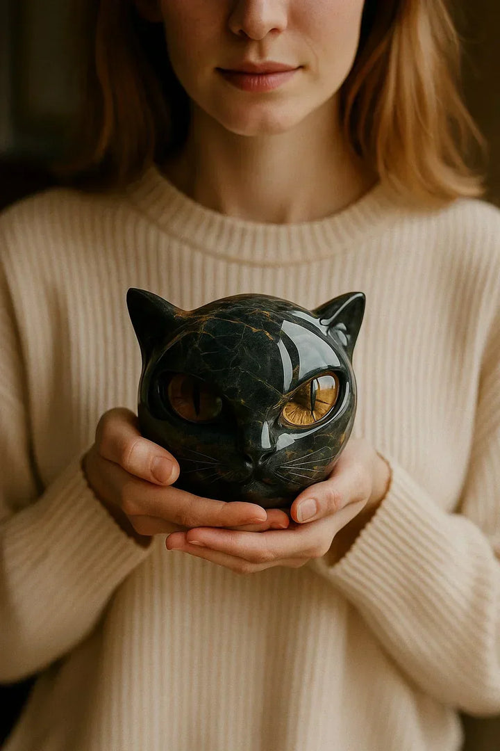 Black Cat Head Sculpture with Hypnotic Eyes