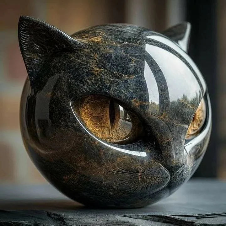 Black Cat Head Sculpture with Hypnotic Eyes