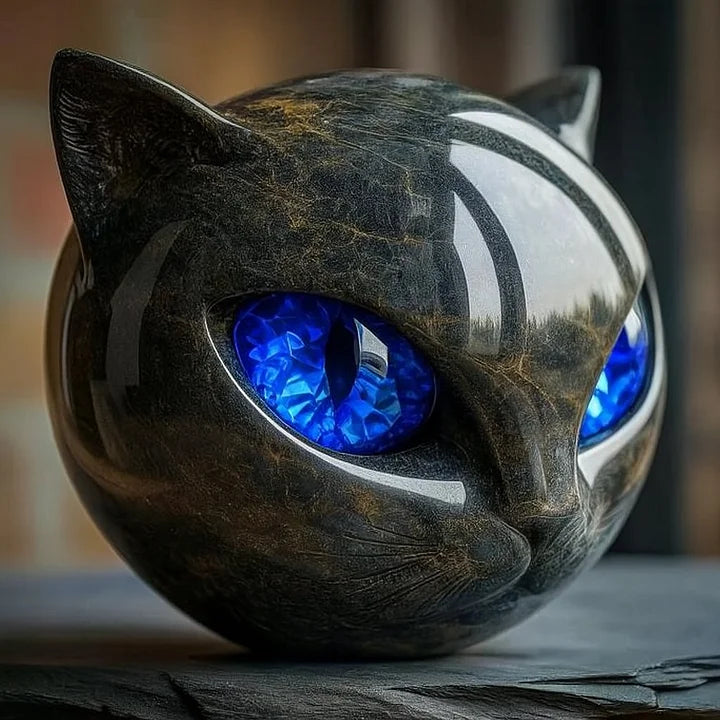 Black Cat Head Sculpture with Hypnotic Eyes