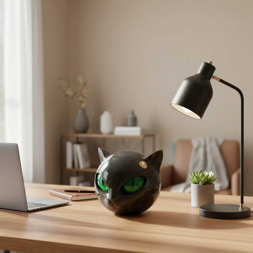 Black Cat Head Sculpture with Hypnotic Eyes